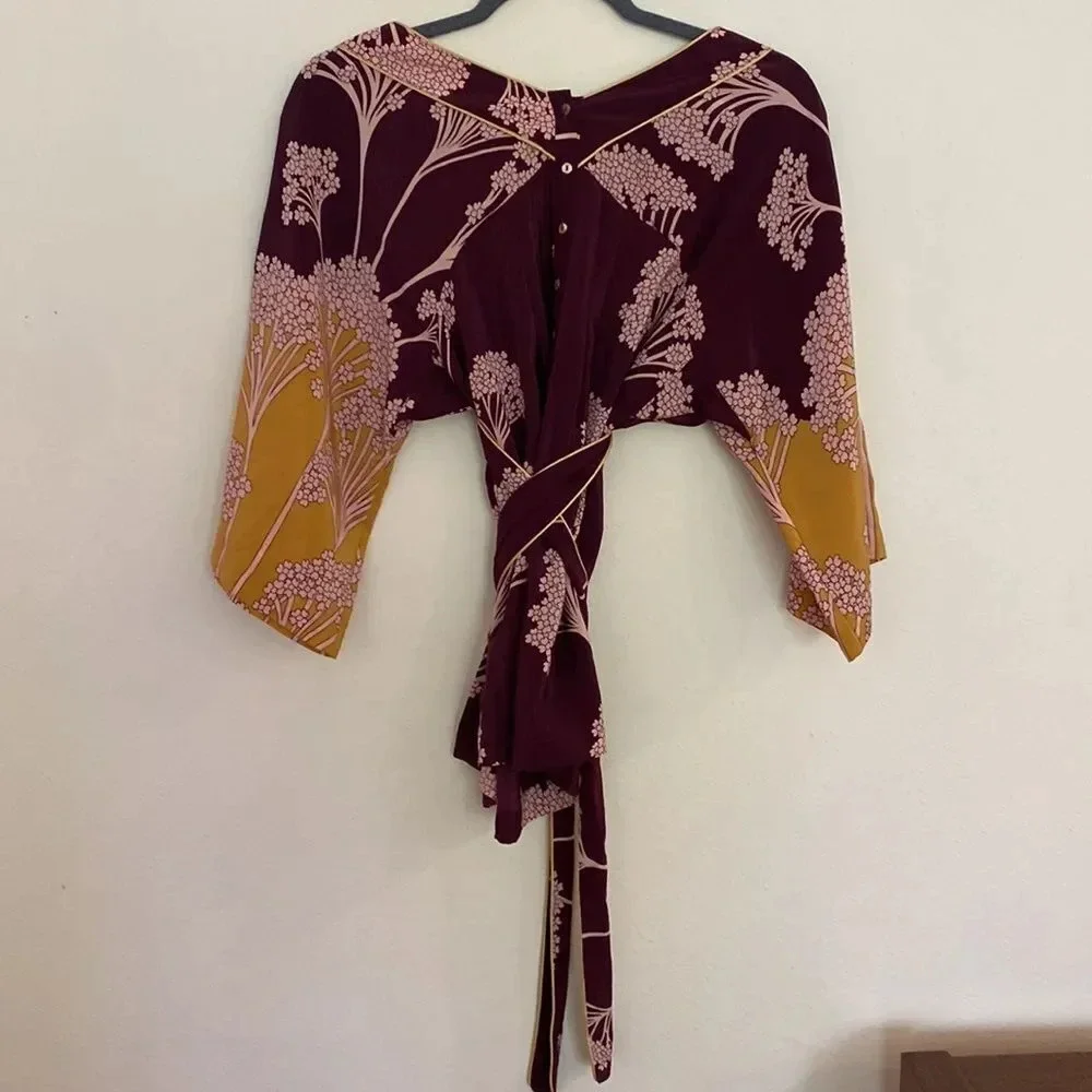 Rebecca Taylor sz 0 silk kimono style blouse w/ tie, burgundy pink and marigold
